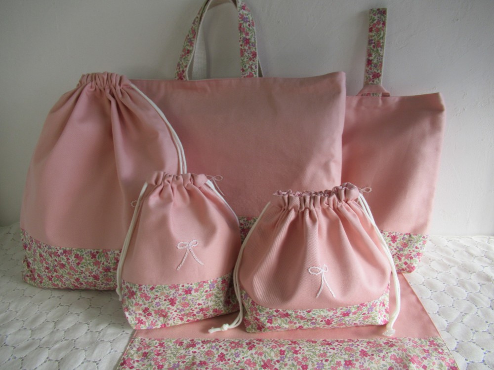 入園入学6点セット　ピンク花柄３　リボン刺繍　さくらんぼ