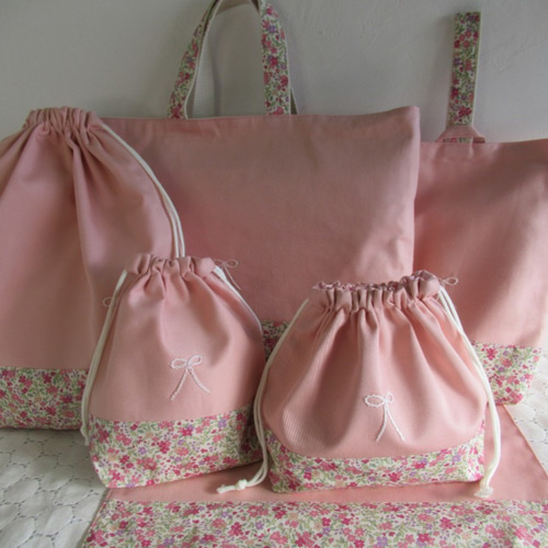 入園入学6点セット　ピンク花柄３　リボン刺繍　さくらんぼ　オーダー制作 入園入学6点セット ピンク花柄3 リボン刺繍 さくらんぼ