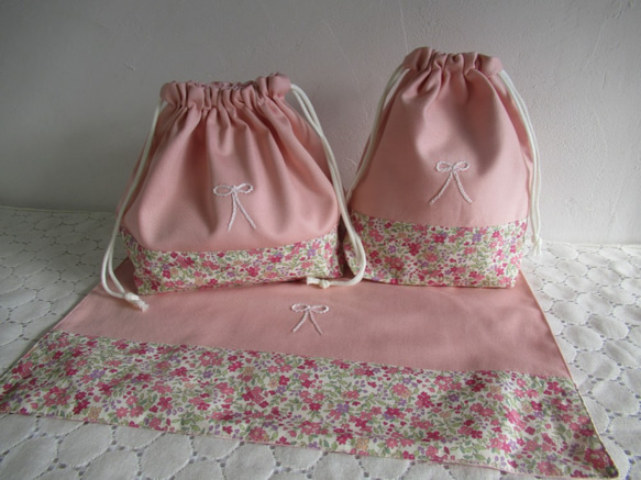 入園入学6点セット　ピンク花柄３　リボン刺繍つき 3枚目の画像