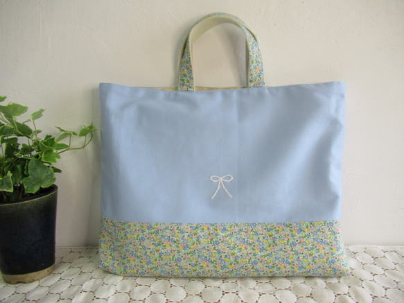 大きめ】サイズが選べる☆レッスンバッグ ブルー花柄 リボン刺繍