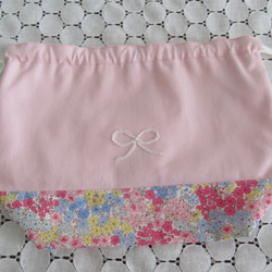 ピンク花柄☆ランチセット　リボン刺繍付き 4枚目の画像