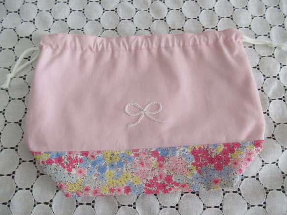ピンク花柄☆ランチセット　リボン刺繍付き 4枚目の画像