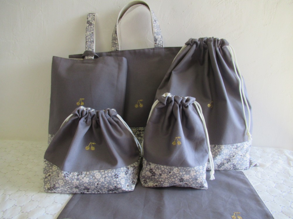 入園入学6点セット☆グレー花柄　さくらんぼ