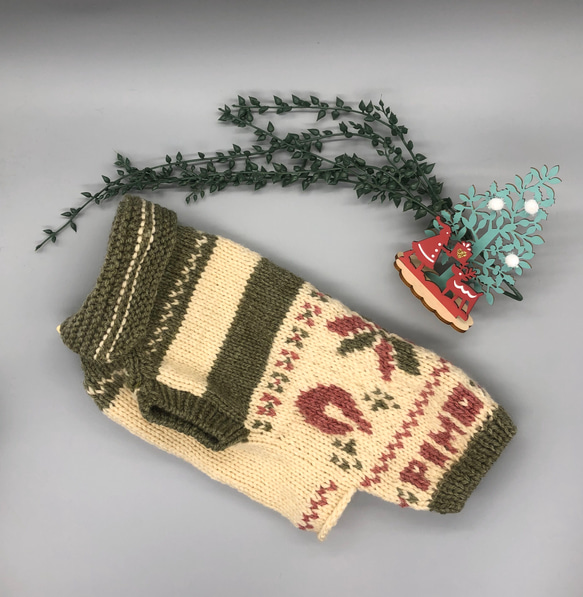 ワンコ　クリスマスカラー　カウチン風手編みセーター　 5枚目の画像