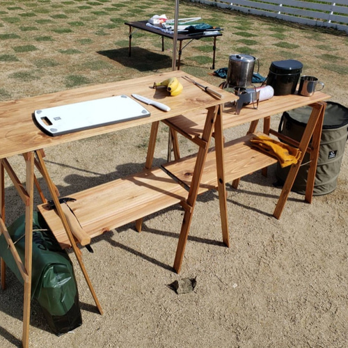 木製 キャンプテーブル ハンドメイド シェルフ アウトドアテーブル 