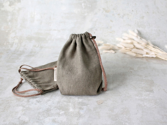 Kinchaku Basic S リネンキャンバス モスグリーン [巾着袋 麻 厚手