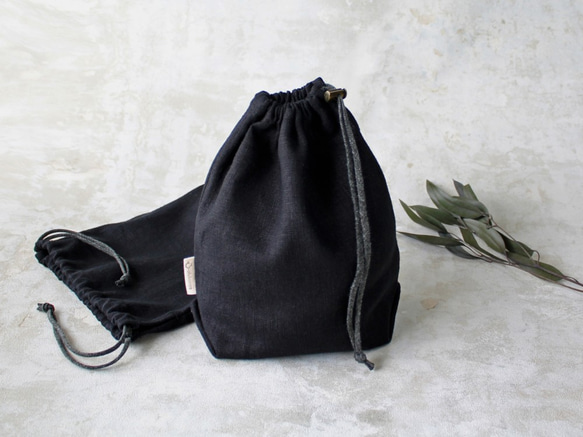 Kinchaku Basic M リネンキャンバス ブラック [巾着袋 麻 厚手