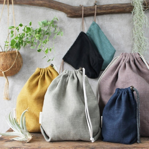 429.リネン　小さな巾着袋　ナチュラルset B Kinchaku Basic S リネンキャンバス モスグリーン [巾着袋 麻