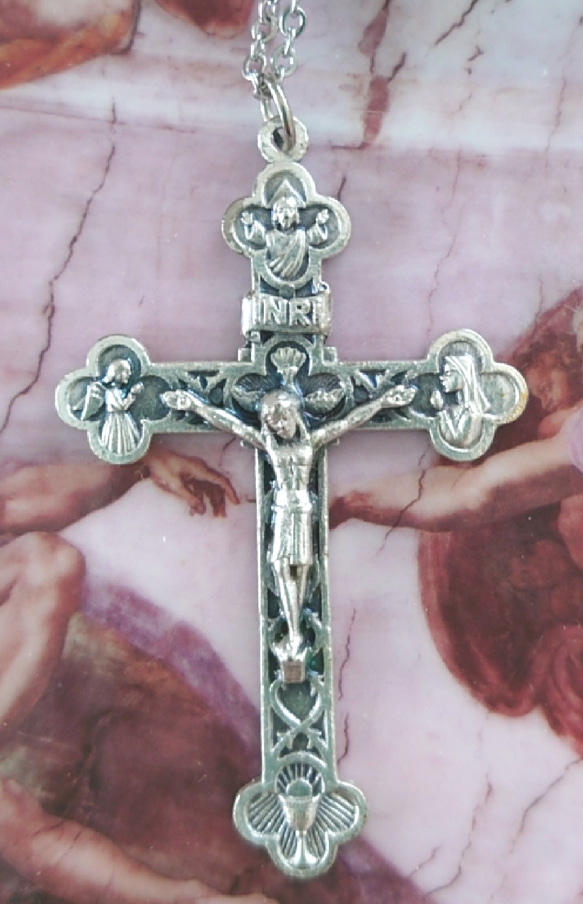 大き6cm美しい十字架ヴィンテージトリニティクロス御守りネックレスキリスト三位一体お守りロザリオペンダントクリスマス 2枚目の画像