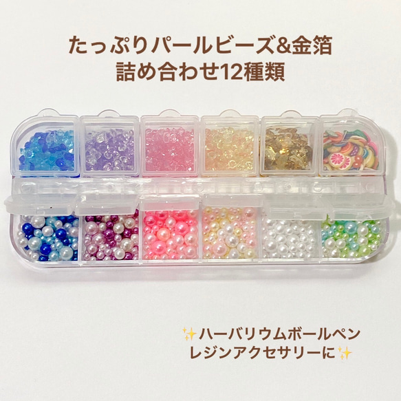 たっぷり12種類　ハーバリウムボールペン　レジン　パールビーズ　金箔　フルーツ 1枚目の画像