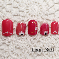 大人女性の花ネイルチップ 赤♡Tiam nail♡ 1枚目の画像