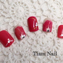 大人女性の花ネイルチップ 赤♡Tiam nail♡ 2枚目の画像