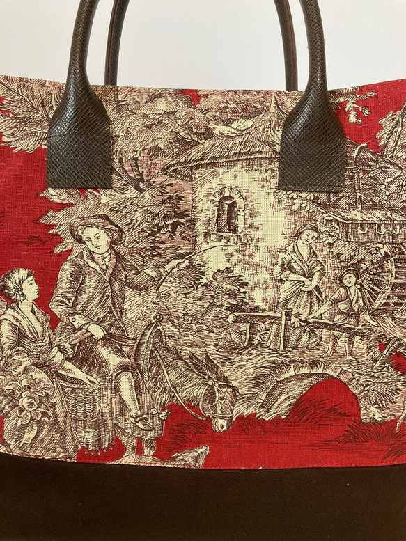 #53フランス製生地のトートバッグ(赤系）　切り替え布こげ茶 SALE 5枚目の画像