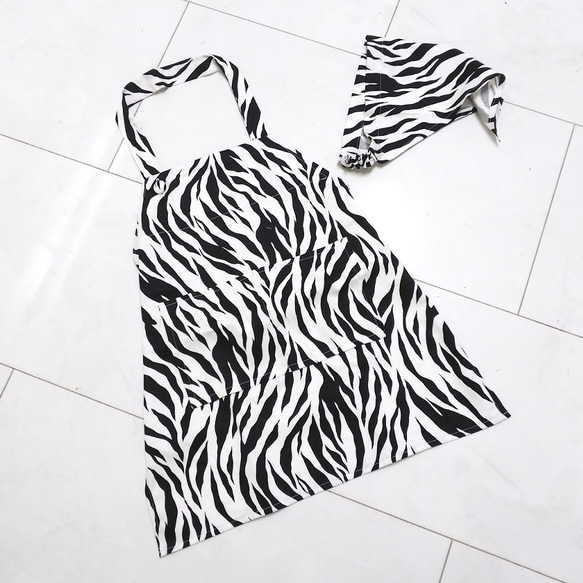 送料無料】ゼブラ柄＊エプロン＆三角巾セット＊給食当番＊～低学年