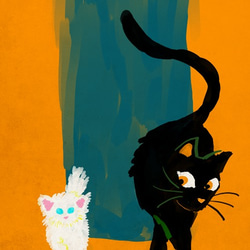 黒猫と白い子猫のイラストアートポスター■オレンジ×グリーン■レトロポップアニマル■オリジナル 2枚目の画像