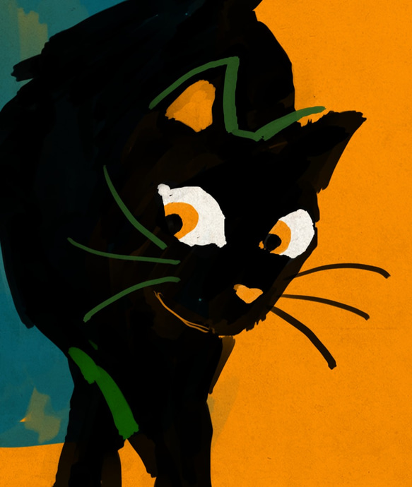 黒猫と白い子猫のイラストアートポスター■オレンジ×グリーン■レトロポップアニマル■オリジナル 3枚目の画像