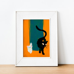 黒猫と白い子猫のイラストアートポスター■オレンジ×グリーン■レトロポップアニマル■オリジナル 5枚目の画像