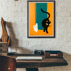 黒猫と白い子猫のイラストアートポスター■オレンジ×グリーン■レトロポップアニマル■オリジナル 7枚目の画像