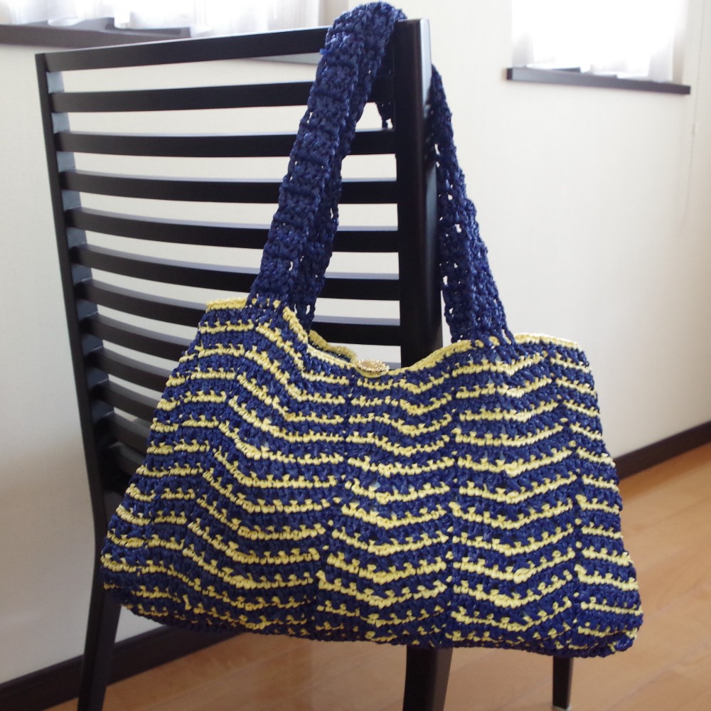 帯電防止処理加工 【手編み】一点物の麻のお買物バッグ(ハンドバッグ