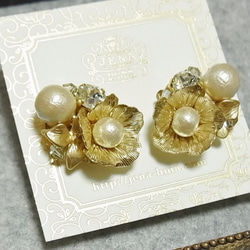 【sale!!】Spring Flower & Cotton Pearl　イヤリング／ピアス 2枚目の画像