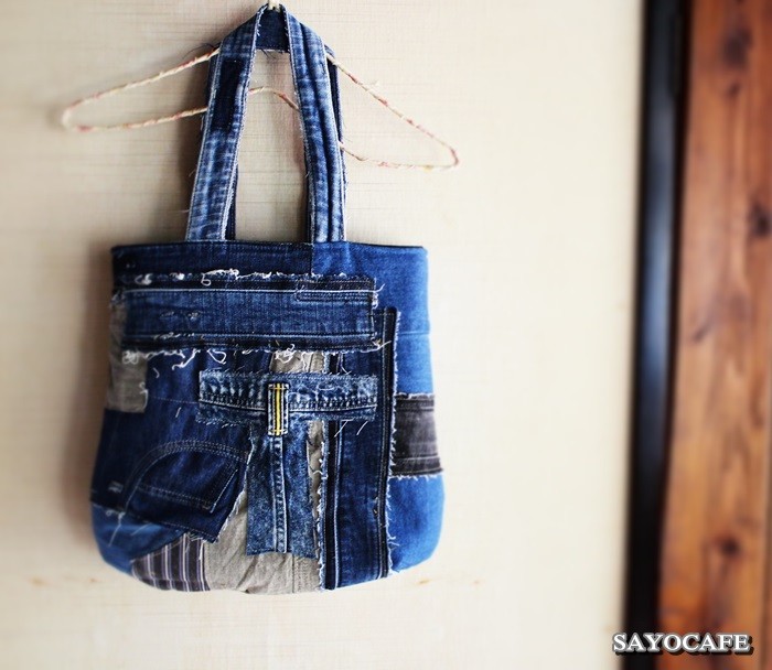 SAYOCAFE個性的デニムパッチワークバッグ SAYOCAFE☆個性的デニムパッチワークのトートバッグC トート