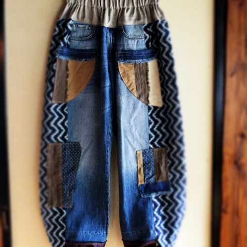 デニム 襤褸 Aライン パッチワークワンピース