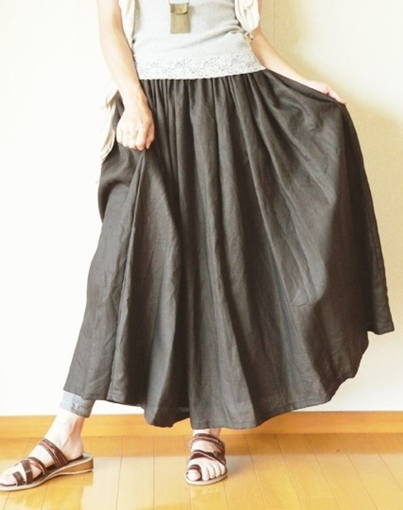 オーダー品/丈90cm・黒リネンギャザースカート 2枚目の画像