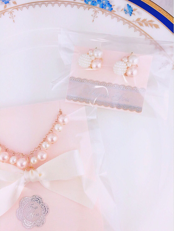 3way♡桜色ビジューピアス・イヤリング＆リボンのブレスレット 2枚目の画像