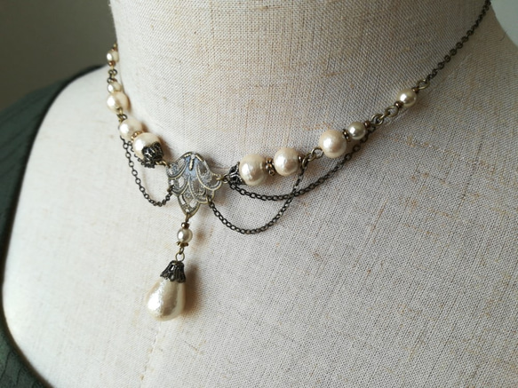 コットンパールのレースデザインチェーンネックレス 6枚目の画像