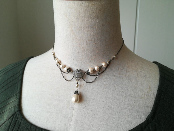 コットンパールのレースデザインチェーンネックレス 7枚目の画像