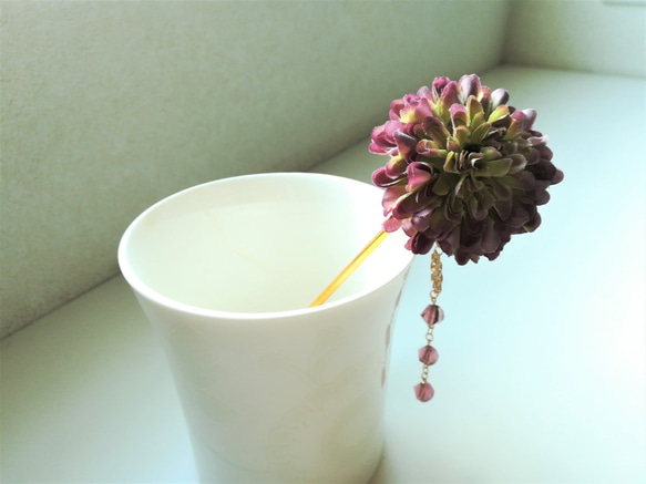紫系布花とガラスビーズのかんざし 7枚目の画像