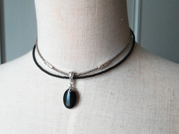 ブラックオニキスの二連チョーカーネックレス（マグネット留め金具に変更可能です） 6枚目の画像