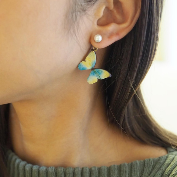 黃色和天藍色蝴蝶耳環/耳環（珍珠） 第3張的照片