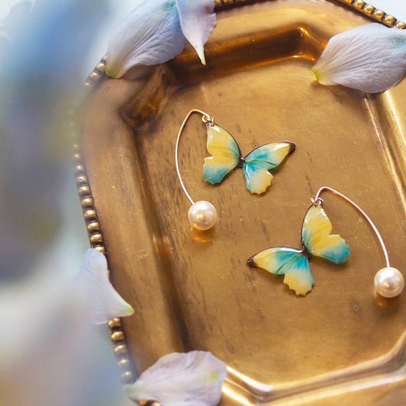 黃色和天藍色蝴蝶耳環（掛鉤和珍珠） 第2張的照片