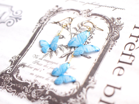 Sky Blue Butterfly Earrings, asymmetry[Pierced or Clip-on] 第3張的照片