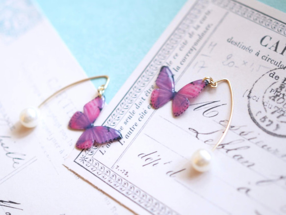 Light Purple Butterfly Stud Earrings With Hook&Pearl 第3張的照片