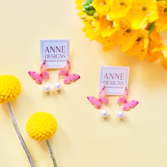 Light Pink Orange Butterfly Earrings with Hook&Pearl 第1張的照片