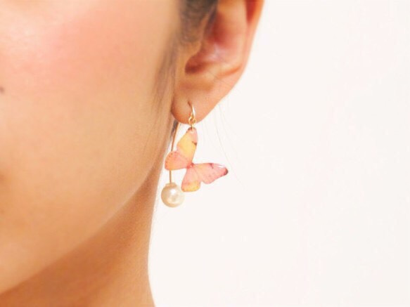 Light Pink Orange Butterfly Earrings with Hook&Pearl 第4張的照片