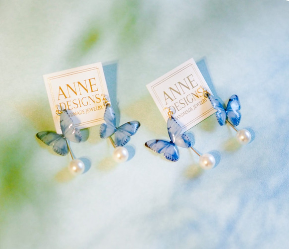 Light Blue Butterfly Earrings With Hook&Pearl 第1張的照片