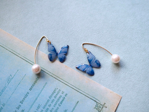 Light Blue Butterfly Earrings With Hook&Pearl 第5張的照片