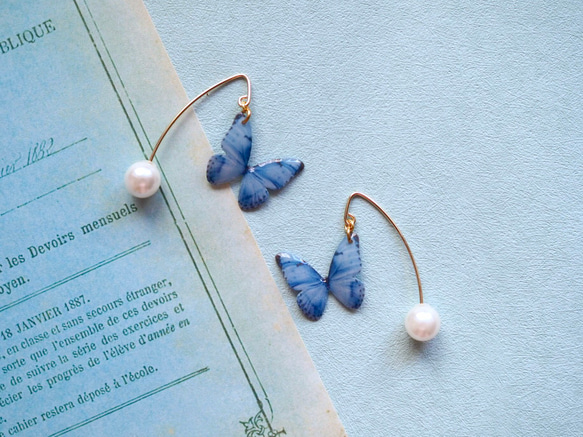 Light Blue Butterfly Earrings With Hook&Pearl 第3張的照片