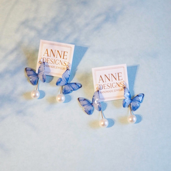 Light Blue Butterfly Earrings With Hook&Pearl 第6張的照片