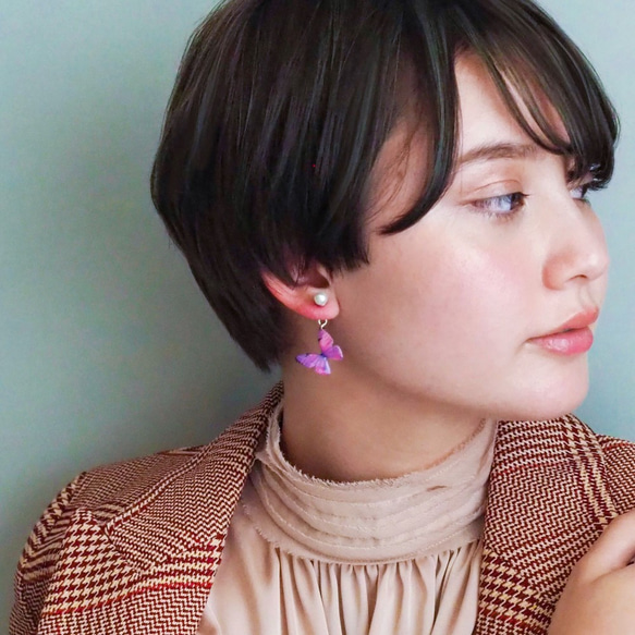 Light Purple Butterfly Earrings With Pearl[Pierced/Clip-on] 第1張的照片