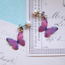 Light Purple Butterfly Earrings With Pearl[Pierced/Clip-on] 第2張的照片