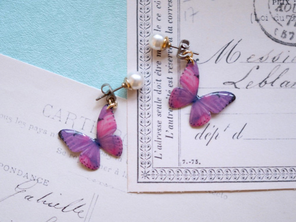 Light Purple Butterfly Earrings With Pearl[Pierced/Clip-on] 第2張的照片