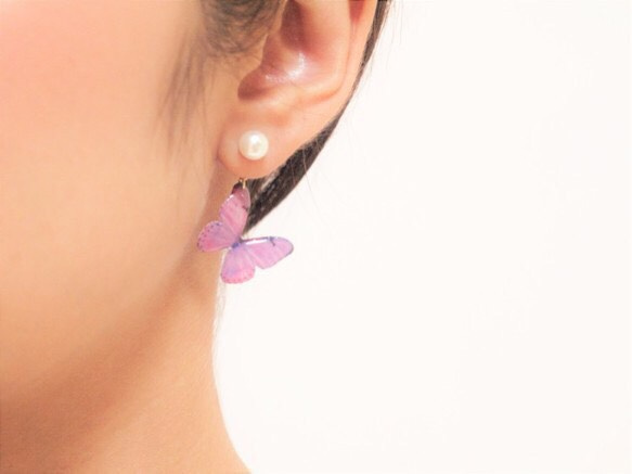 Light Purple Butterfly Earrings With Pearl[Pierced/Clip-on] 第5張的照片