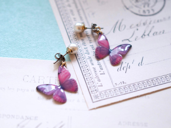 Light Purple Butterfly Earrings With Pearl[Pierced/Clip-on] 第4張的照片