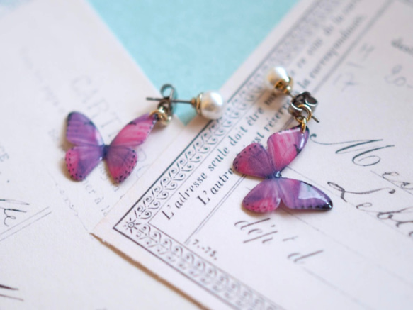 Light Purple Butterfly Earrings With Pearl[Pierced/Clip-on] 第6張的照片