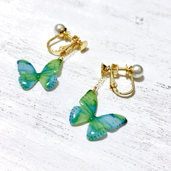 Bluegreen Butterfly Earrings With Pearl [Pierced or Clip-on] 第6張的照片