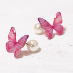 Light Pink Butterfly Earrings With Pearl2[Pierced/Clip-on] 第2張的照片